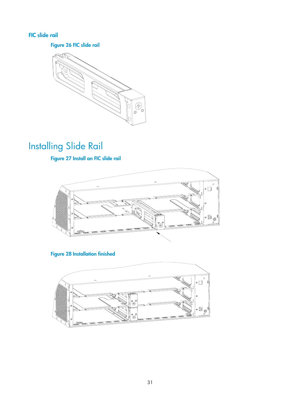 Fic slide rail, Installing slide rail | H3C Technologies H3C MSR 50 User Manual | Page 39 / 89