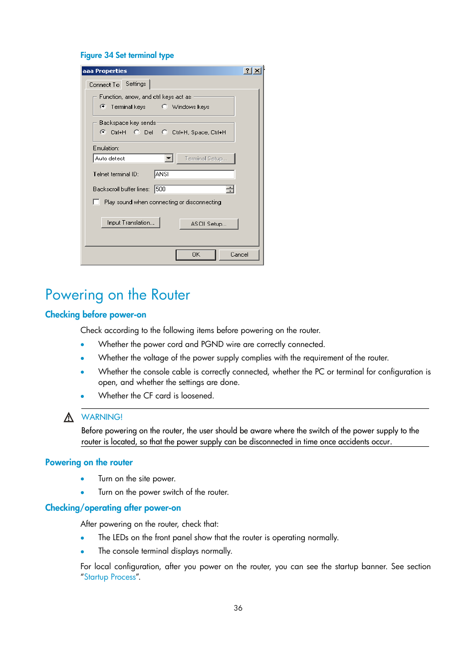 Powering on the router, Checking before power-on, Checking/operating after power-on | H3C Technologies H3C MSR 50 User Manual | Page 44 / 89