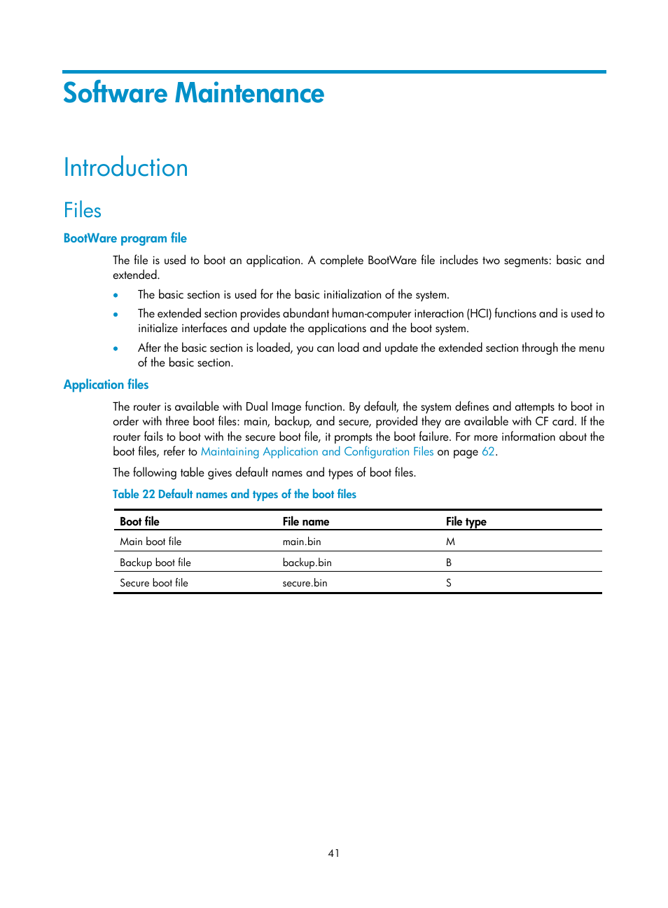 Software maintenance, Introduction, Files | Bootware program file, Application files | H3C Technologies H3C MSR 50 User Manual | Page 49 / 89