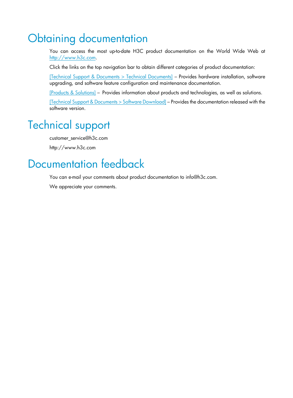 Obtaining documentation, Technical support, Documentation feedback | H3C Technologies H3C MSR 50 User Manual | Page 5 / 89