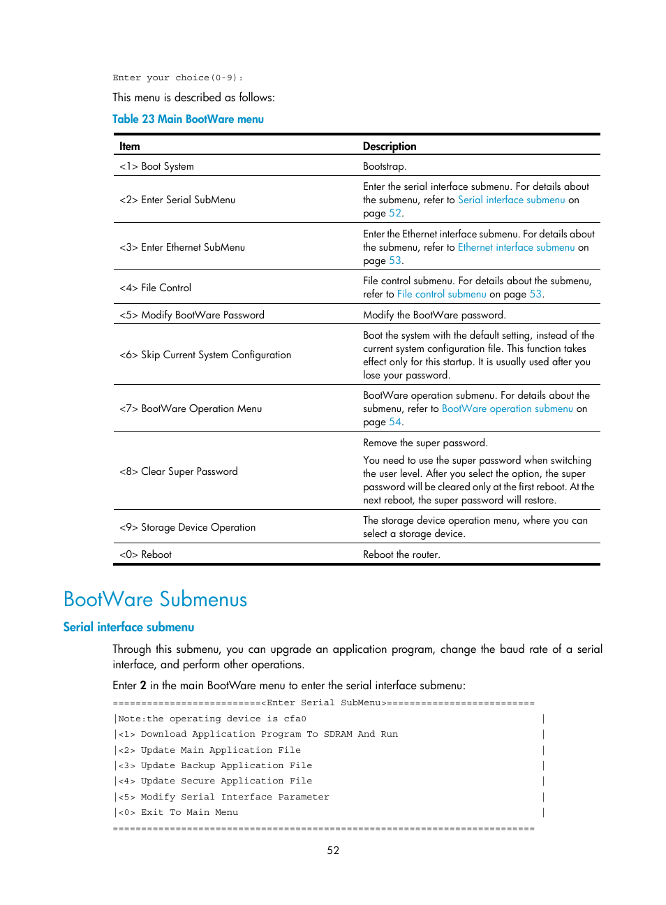 Bootware submenus, Serial interface submenu | H3C Technologies H3C MSR 50 User Manual | Page 60 / 89