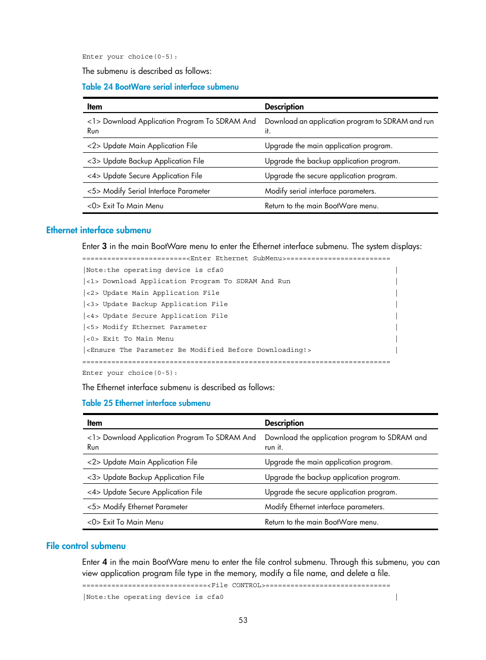 Ethernet interface submenu, File control submenu, The submenu, refer to | Refer to | H3C Technologies H3C MSR 50 User Manual | Page 61 / 89