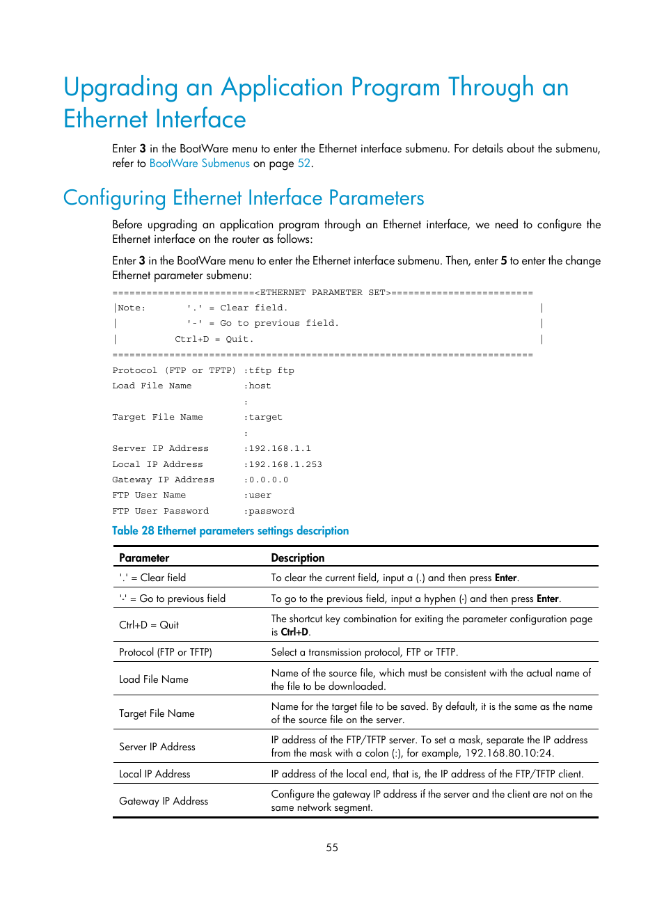 Configuring ethernet interface parameters | H3C Technologies H3C MSR 50 User Manual | Page 63 / 89