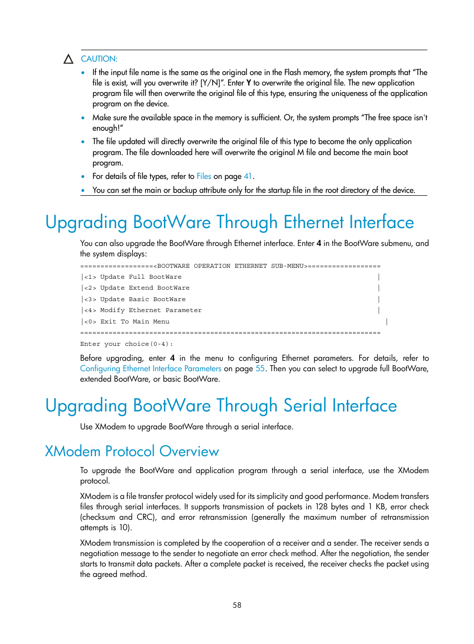 Upgrading bootware through ethernet interface, Upgrading bootware through serial interface, Xmodem protocol overview | H3C Technologies H3C MSR 50 User Manual | Page 66 / 89