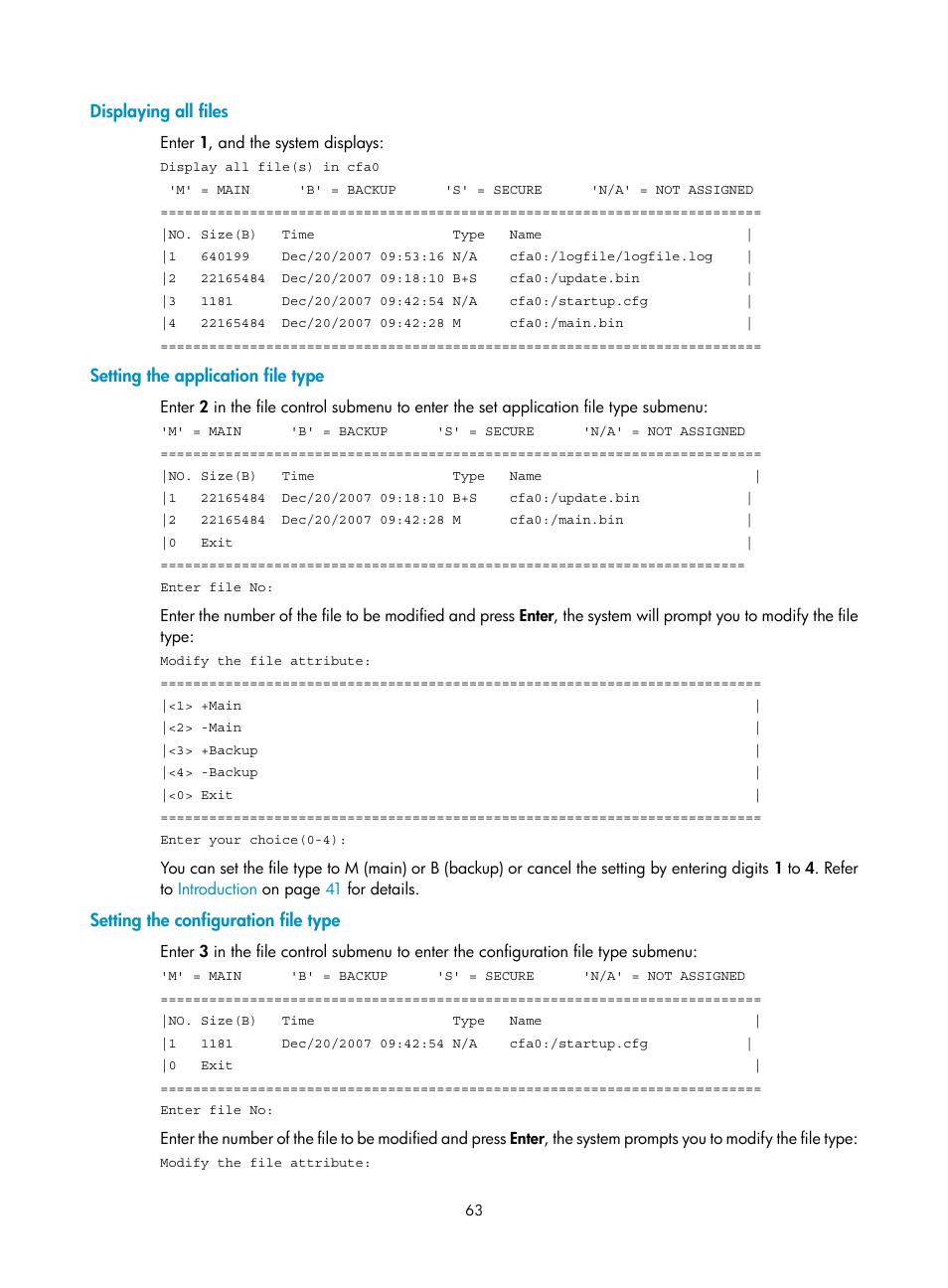 Displaying all files, Setting the application file type, Setting the configuration file type | H3C Technologies H3C MSR 50 User Manual | Page 71 / 89