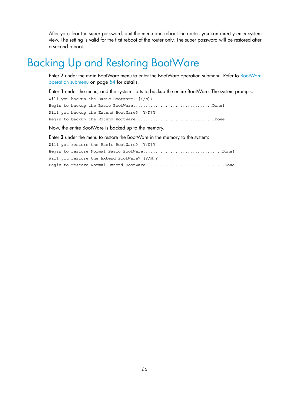 Backing up and restoring bootware | H3C Technologies H3C MSR 50 User Manual | Page 74 / 89