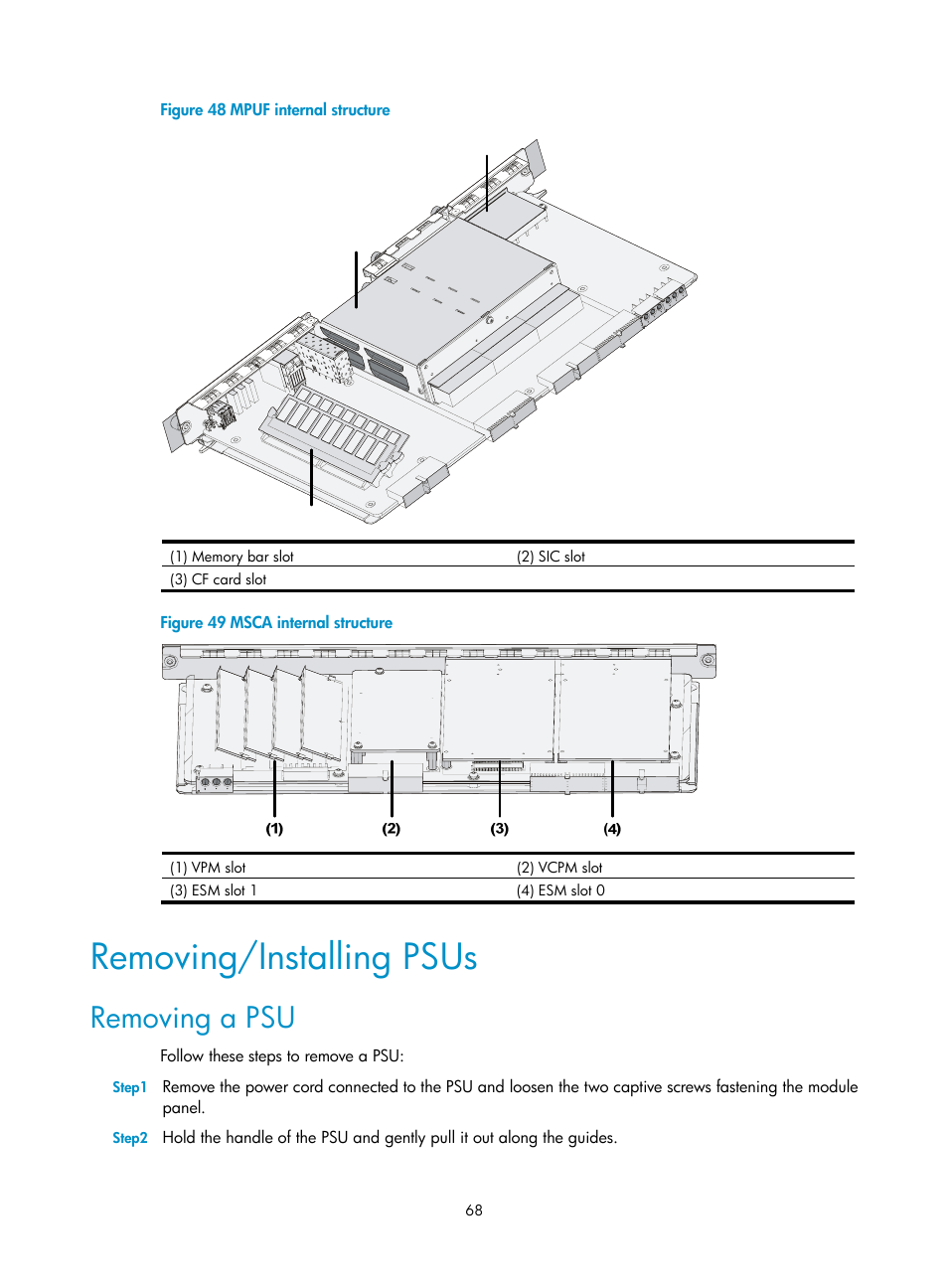 Removing/installing psus, Removing a psu | H3C Technologies H3C MSR 50 User Manual | Page 76 / 89