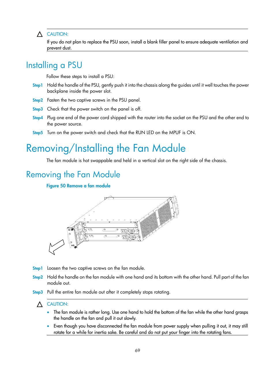 Installing a psu, Removing/installing the fan module, Removing the fan module | H3C Technologies H3C MSR 50 User Manual | Page 77 / 89