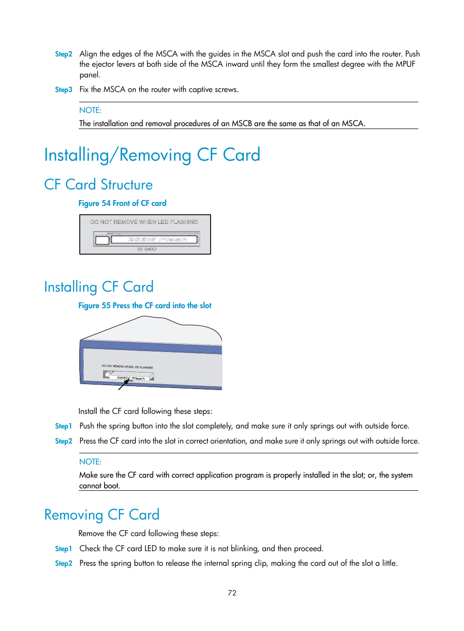 Installing/removing cf card, Cf card structure, Installing cf card | Removing cf card | H3C Technologies H3C MSR 50 User Manual | Page 80 / 89