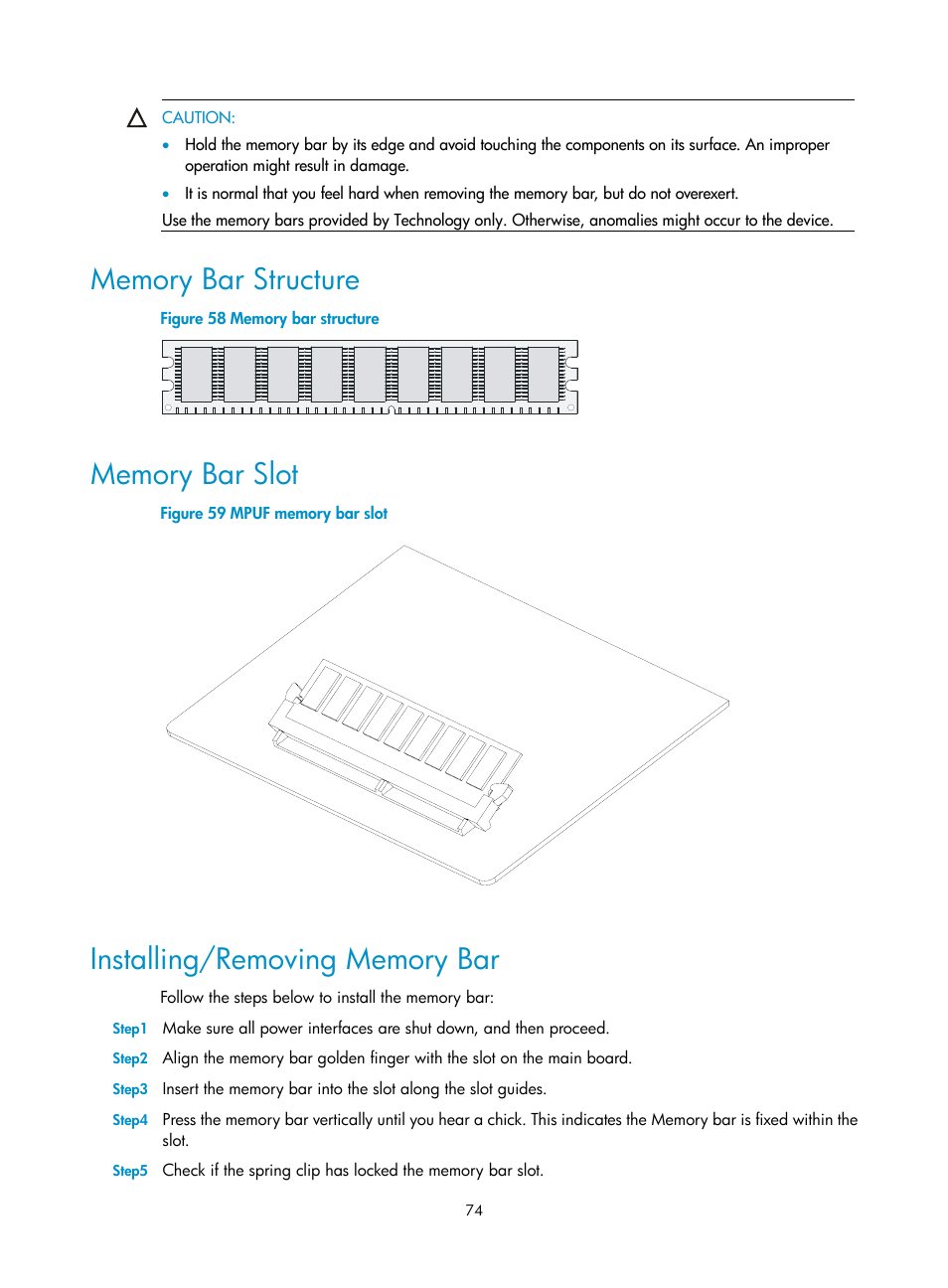 Memory bar structure, Memory bar slot, Installing/removing memory bar | H3C Technologies H3C MSR 50 User Manual | Page 82 / 89