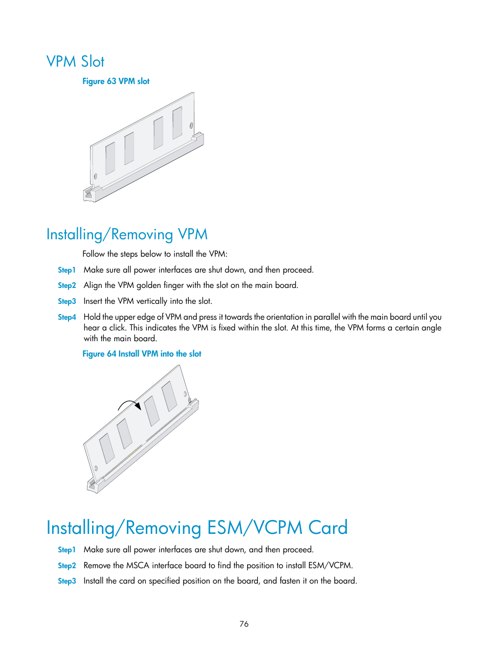 Vpm slot, Installing/removing vpm, Installing/removing esm/vcpm card | H3C Technologies H3C MSR 50 User Manual | Page 84 / 89