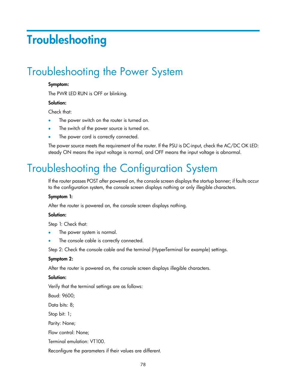 Troubleshooting, Troubleshooting the power system, Troubleshooting the configuration system | H3C Technologies H3C MSR 50 User Manual | Page 86 / 89