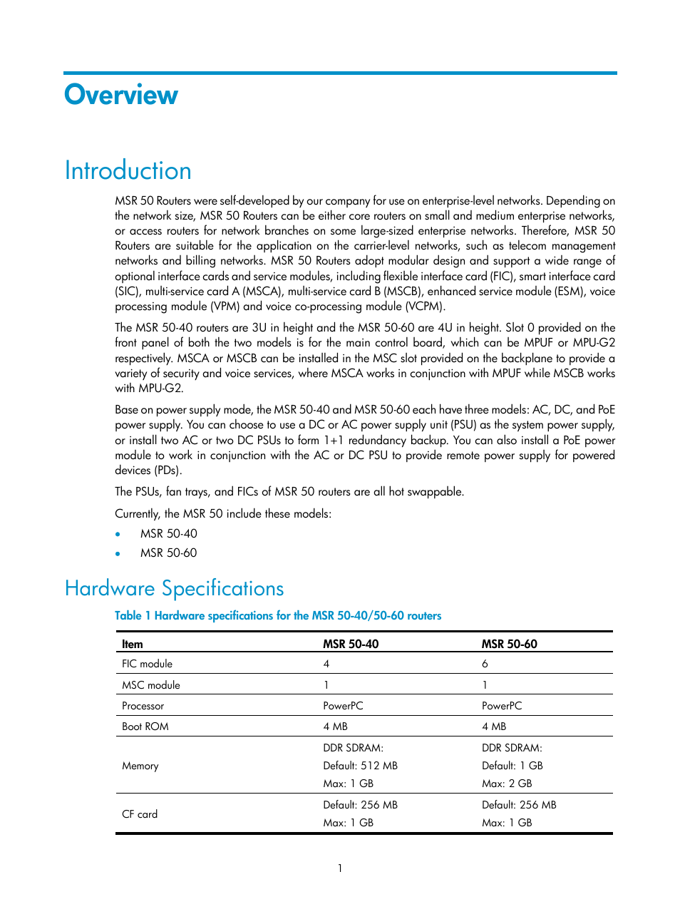 Overview, Introduction, Hardware specifications | H3C Technologies H3C MSR 50 User Manual | Page 9 / 89