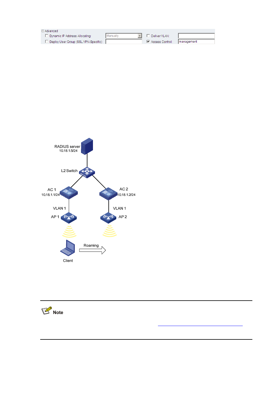Ap group configuration for inter-ac roaming, Network requirements, Configuration procedure | H3C Technologies H3C MSR 50 User Manual | Page 35 / 37