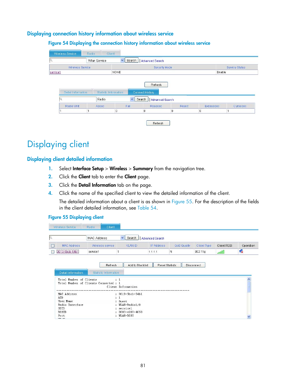 Displaying client, Displaying client detailed information | H3C Technologies H3C MSR 50 User Manual | Page 102 / 877