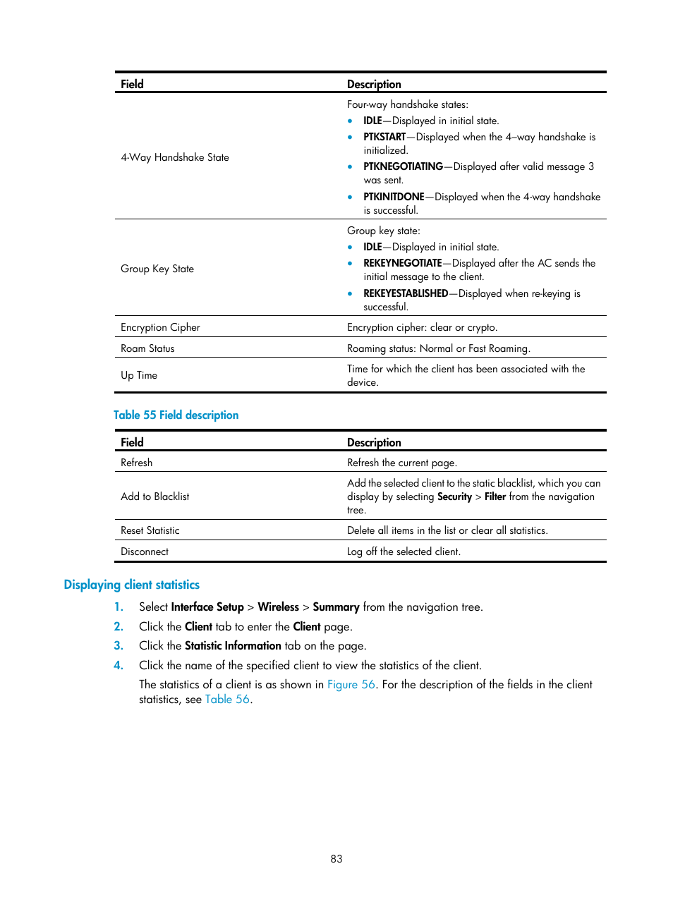 Displaying client statistics | H3C Technologies H3C MSR 50 User Manual | Page 104 / 877