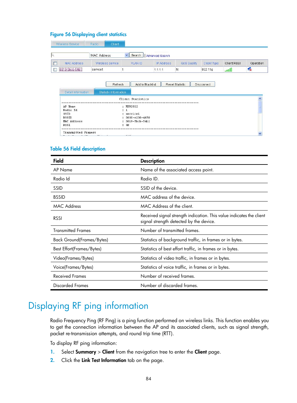 Displaying rf ping information, Ient is as shown in, Figure 56 | Table 56 | H3C Technologies H3C MSR 50 User Manual | Page 105 / 877