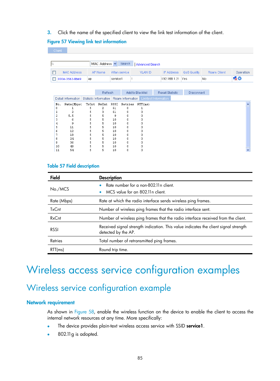 Wireless access service configuration examples, Wireless service configuration example, Network requirement | H3C Technologies H3C MSR 50 User Manual | Page 106 / 877