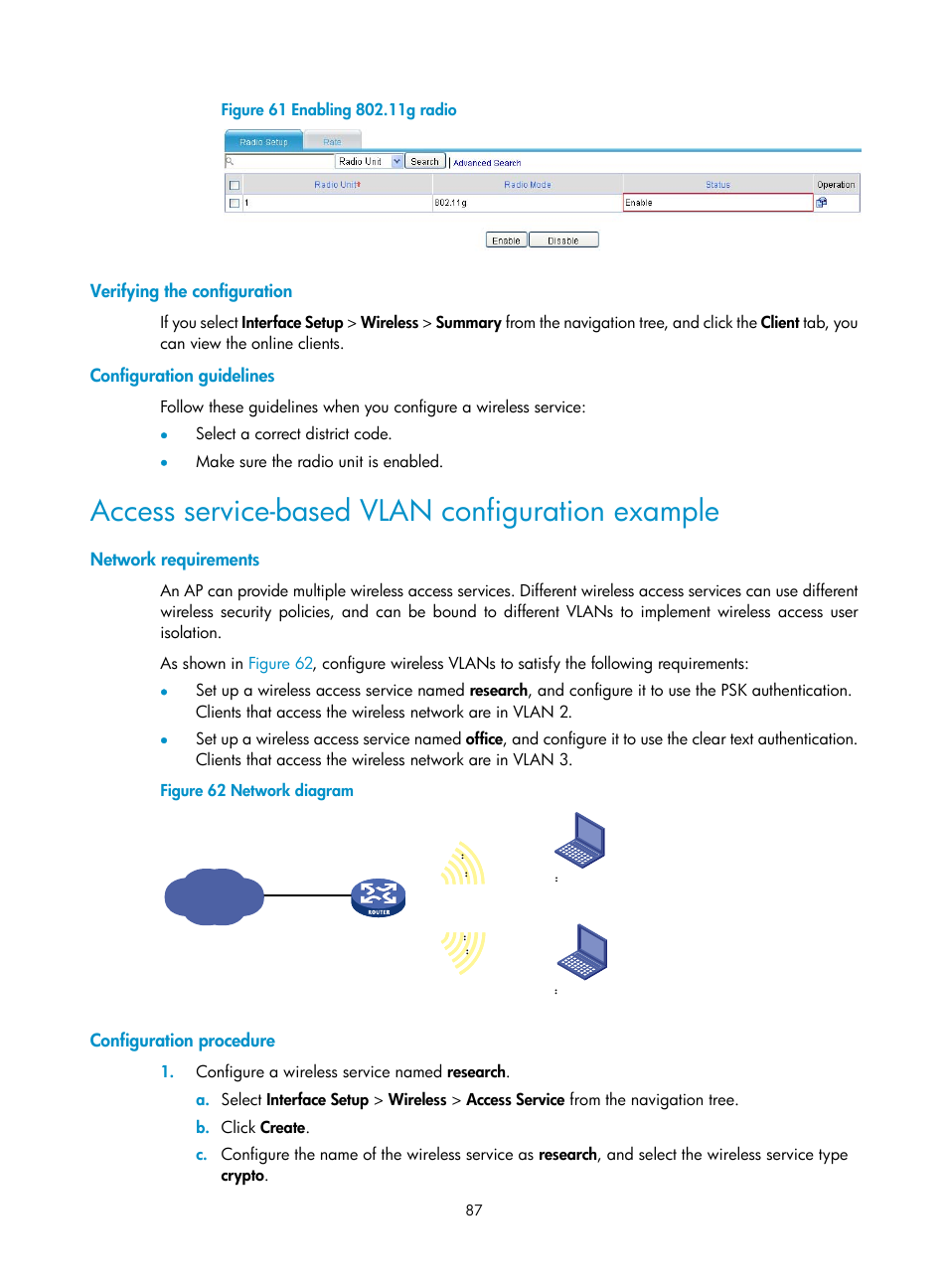 Verifying the configuration, Configuration guidelines, Access service-based vlan configuration example | Network requirements, Configuration procedure | H3C Technologies H3C MSR 50 User Manual | Page 108 / 877