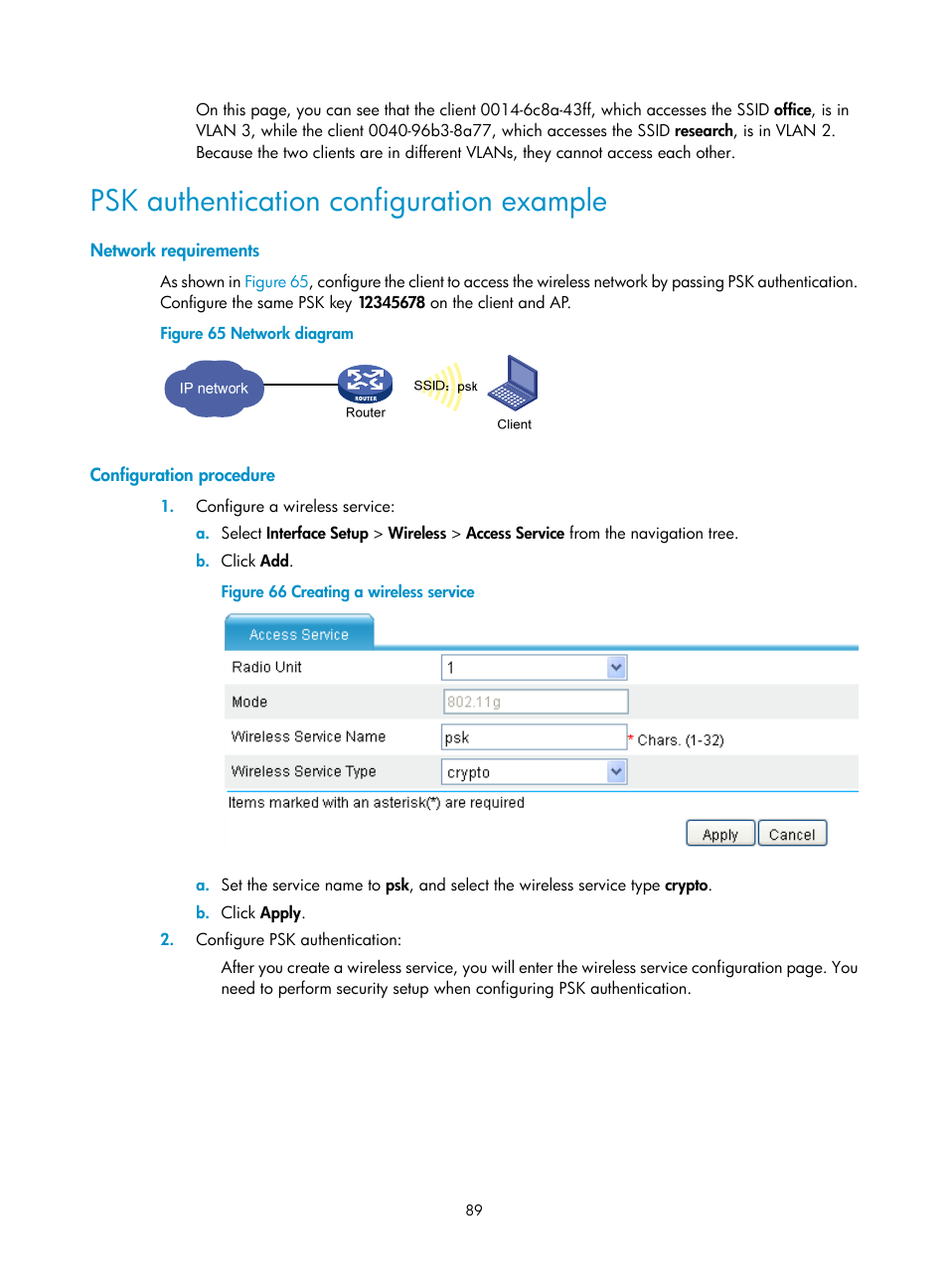 Psk authentication configuration example, Network requirements, Configuration procedure | H3C Technologies H3C MSR 50 User Manual | Page 110 / 877