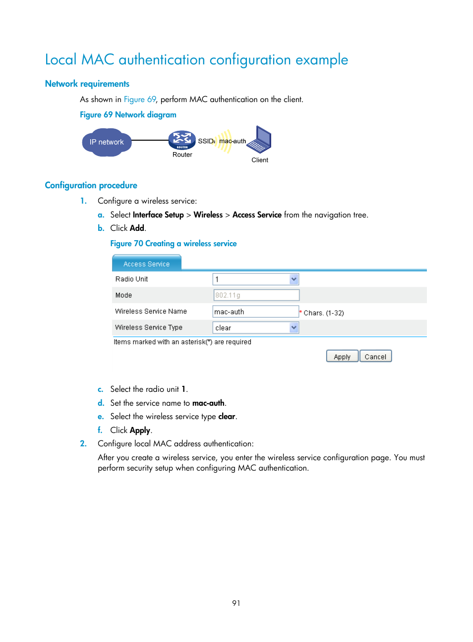 Local mac authentication configuration example, Network requirements, Configuration procedure | H3C Technologies H3C MSR 50 User Manual | Page 112 / 877