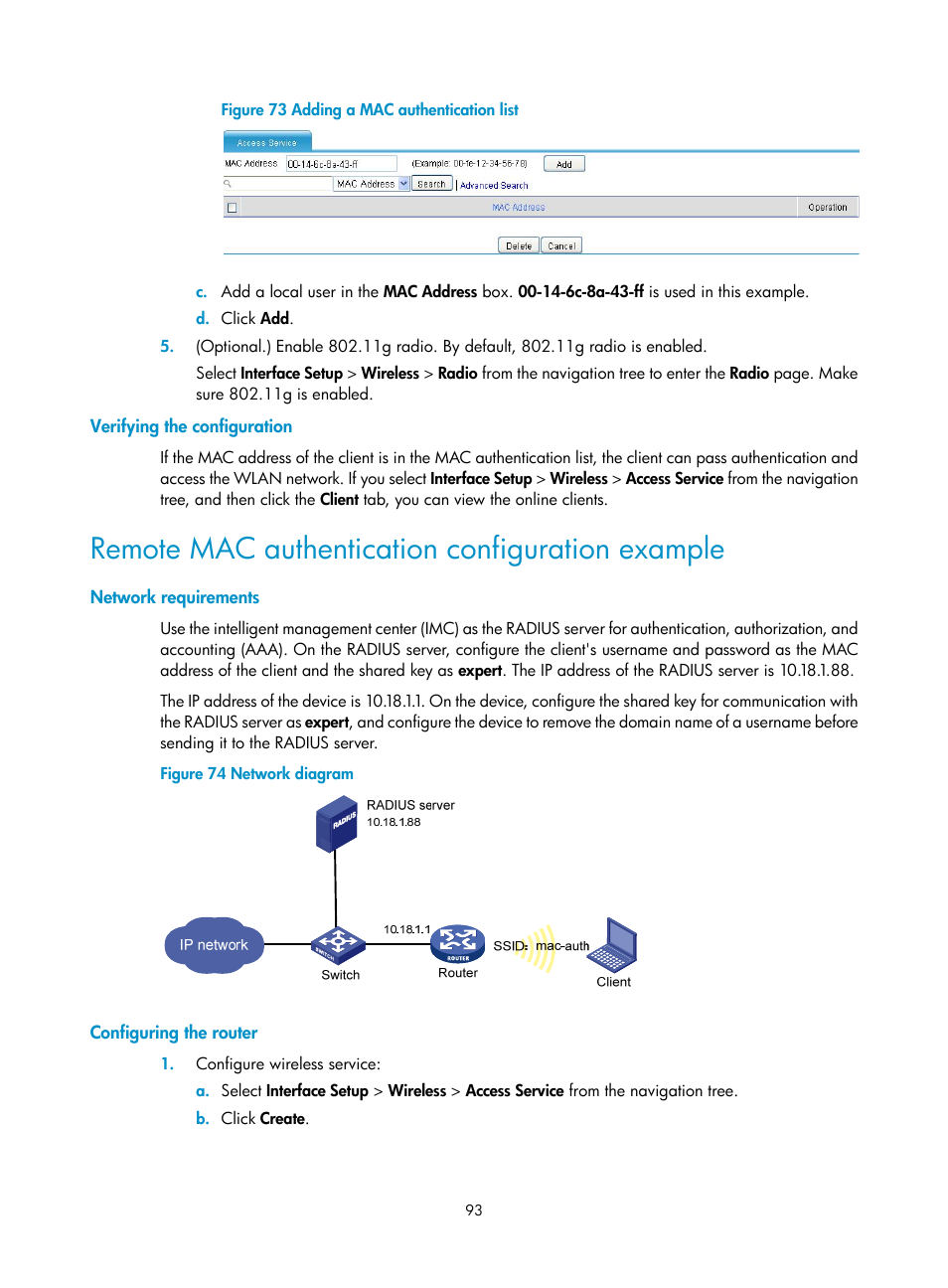 Verifying the configuration, Remote mac authentication configuration example, Network requirements | Configuring the router | H3C Technologies H3C MSR 50 User Manual | Page 114 / 877