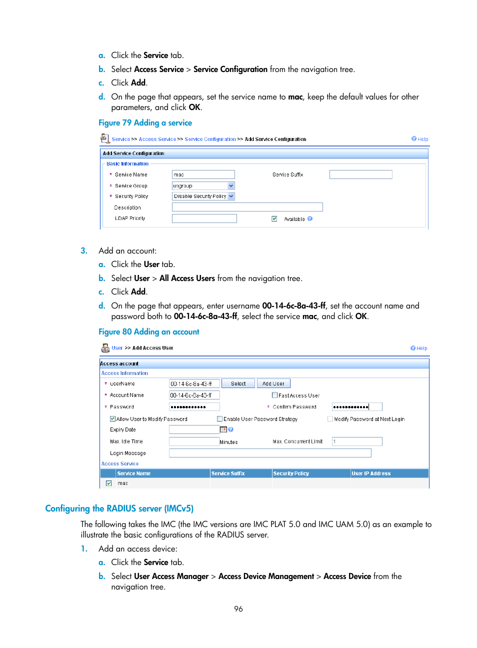 Configuring the radius server (imcv5) | H3C Technologies H3C MSR 50 User Manual | Page 117 / 877