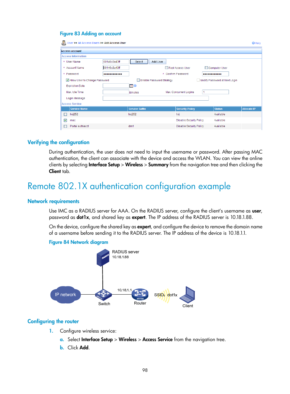 Verifying the configuration, Remote 802.1x authentication configuration example, Network requirements | Configuring the router | H3C Technologies H3C MSR 50 User Manual | Page 119 / 877