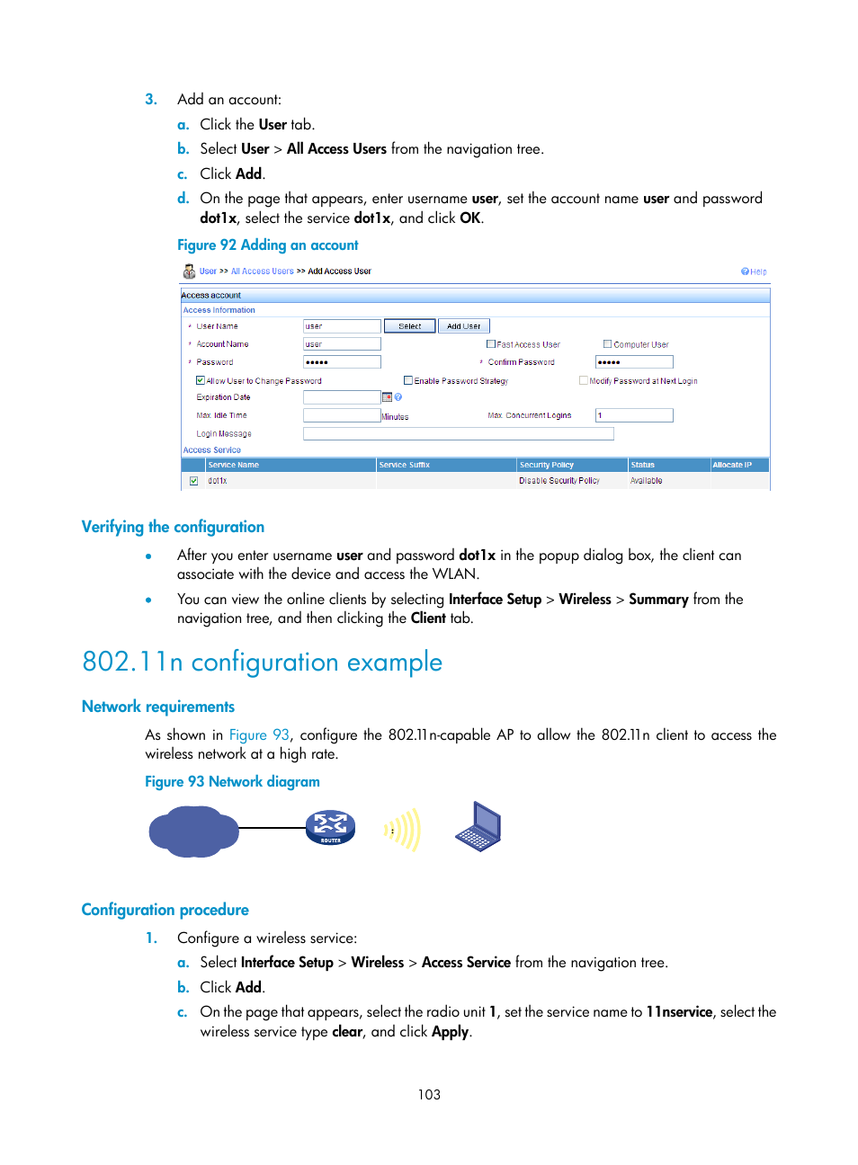 Verifying the configuration, 11n configuration example, Network requirements | Configuration procedure | H3C Technologies H3C MSR 50 User Manual | Page 124 / 877