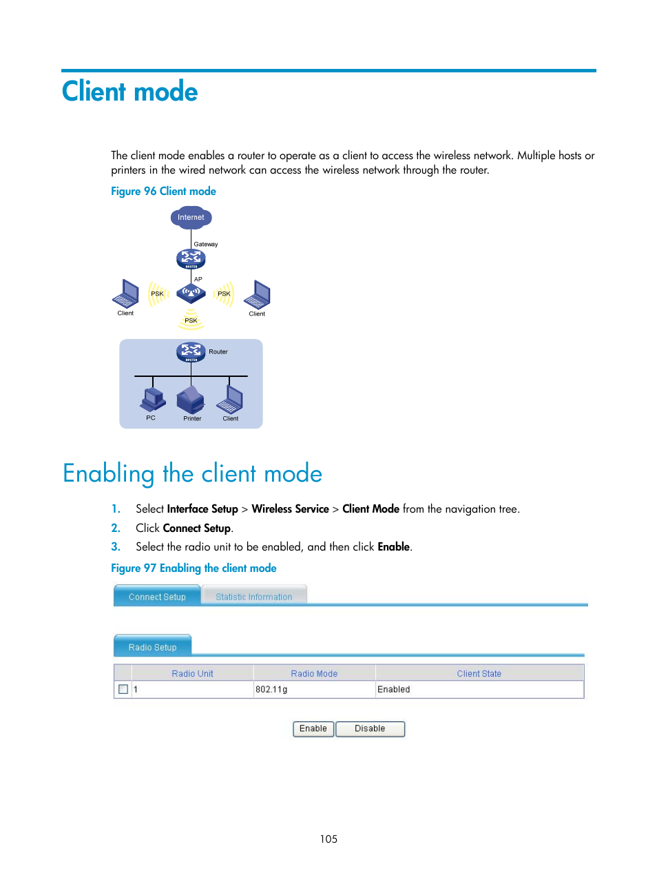 Client mode, Enabling the client mode | H3C Technologies H3C MSR 50 User Manual | Page 126 / 877