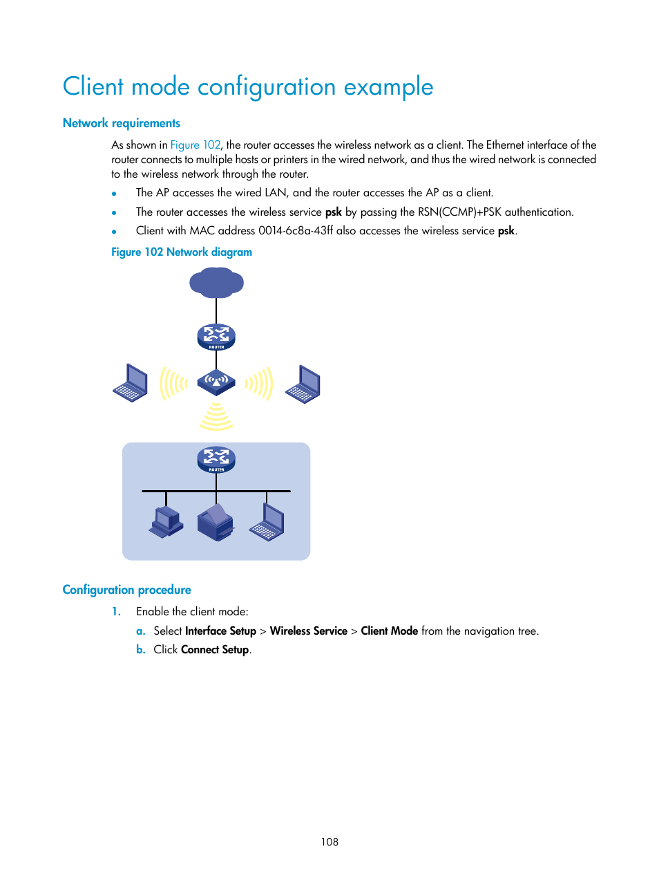 Client mode configuration example, Network requirements, Configuration procedure | H3C Technologies H3C MSR 50 User Manual | Page 129 / 877