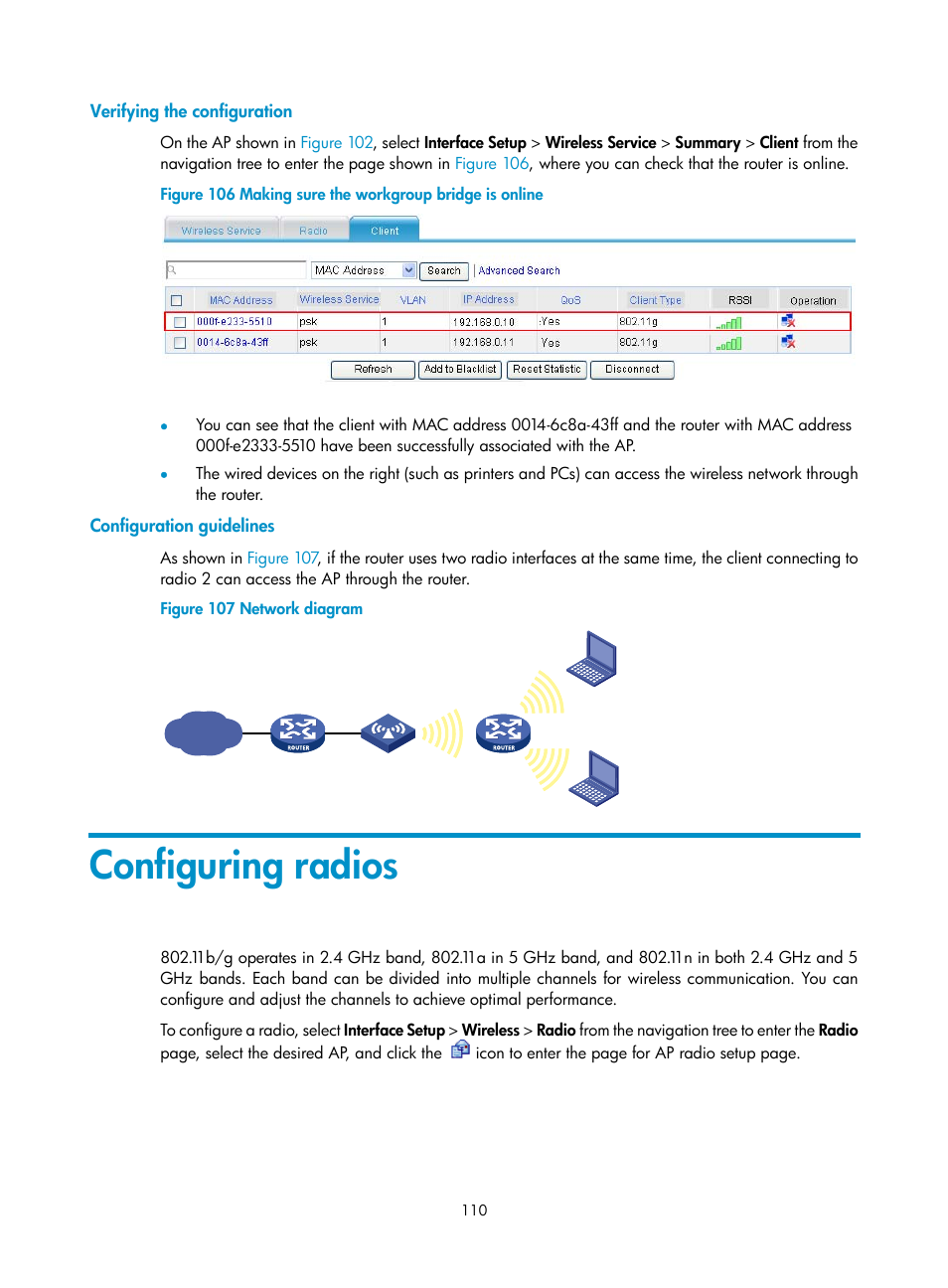 Verifying the configuration, Configuration guidelines, Configuring radios | H3C Technologies H3C MSR 50 User Manual | Page 131 / 877