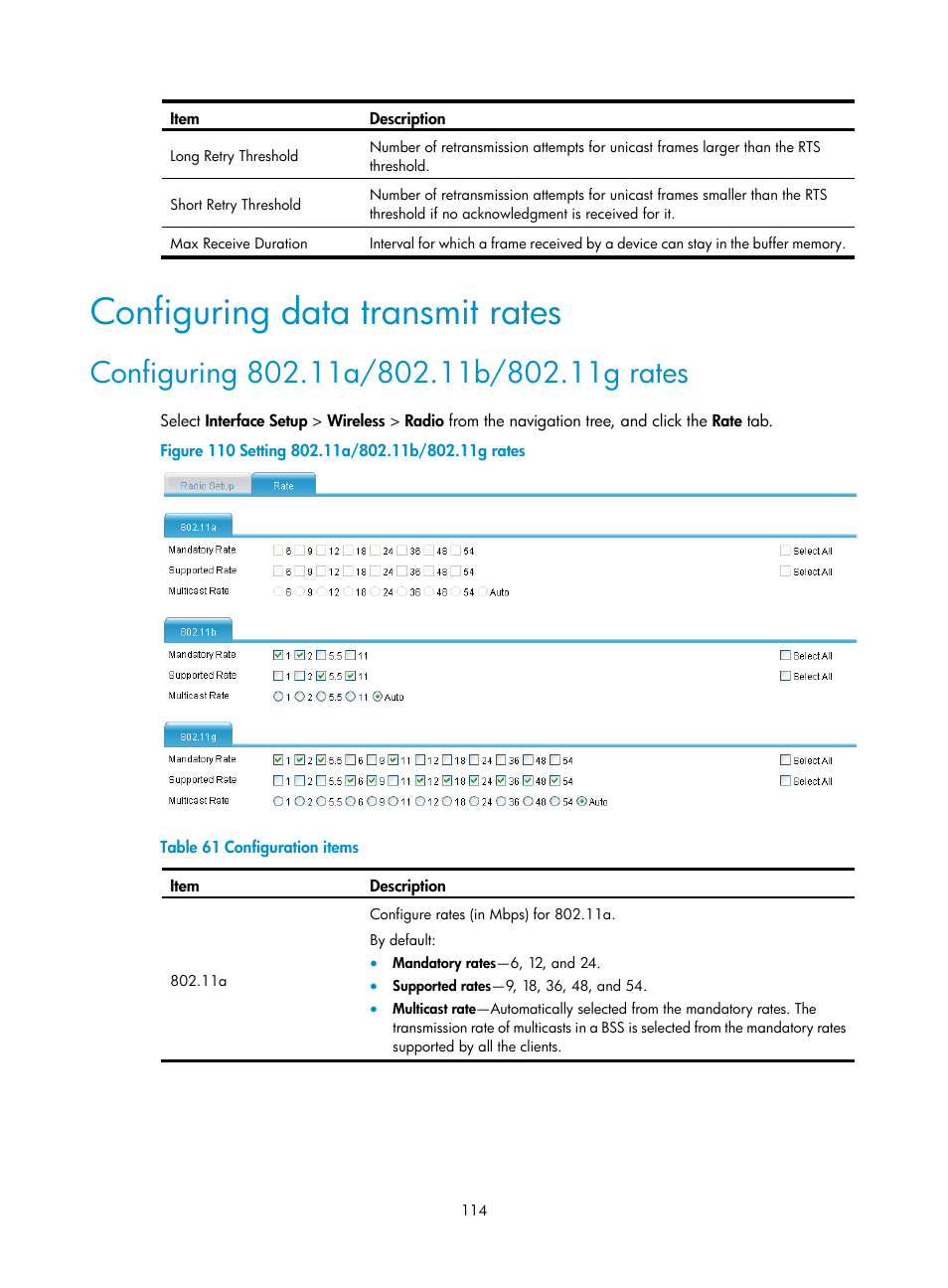 Configuring data transmit rates, Configuring 802.11a/802.11b/802.11g rates | H3C Technologies H3C MSR 50 User Manual | Page 135 / 877