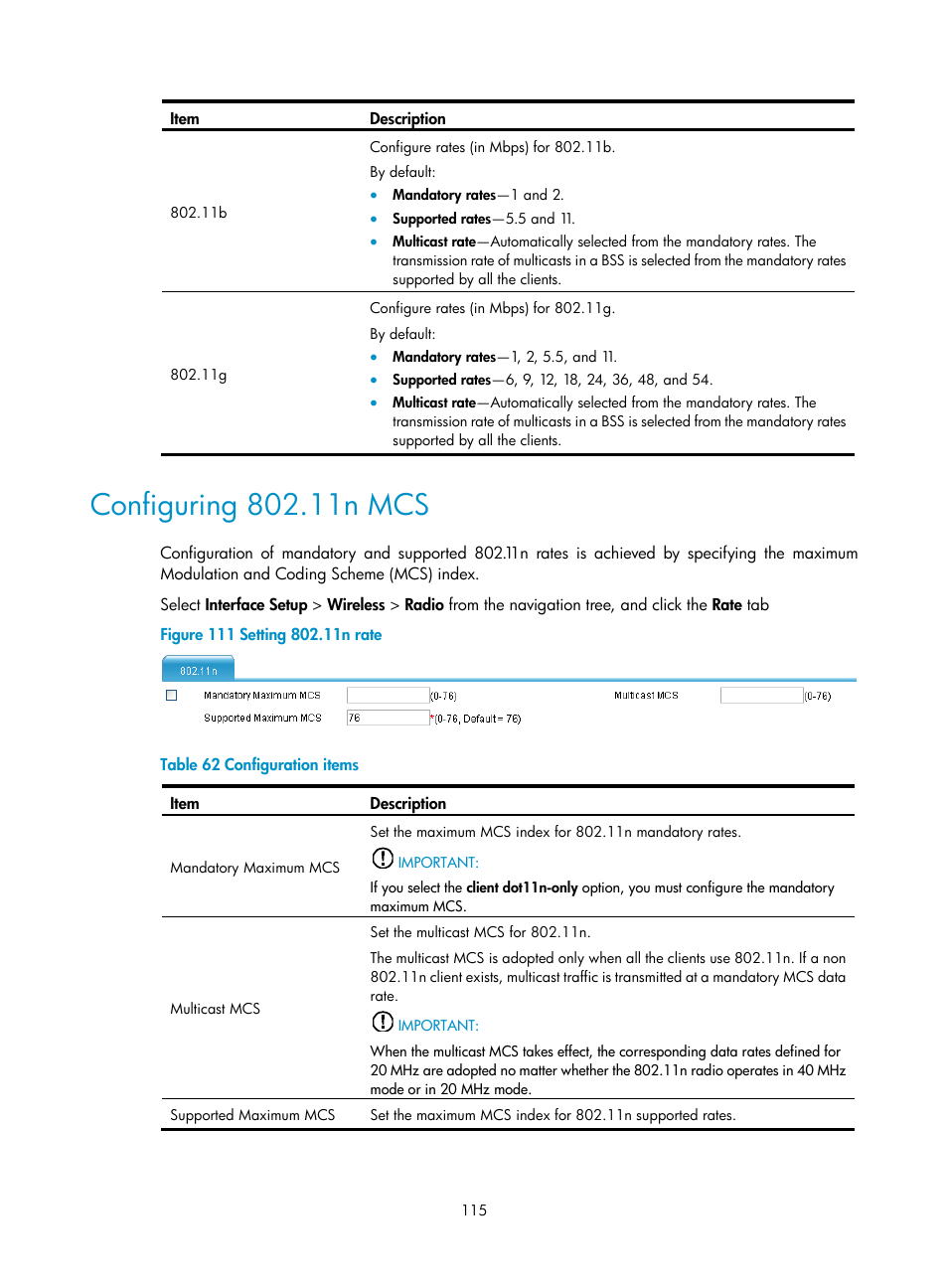 Configuring 802.11n mcs | H3C Technologies H3C MSR 50 User Manual | Page 136 / 877