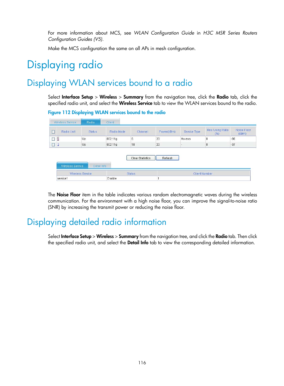 Displaying radio, Displaying wlan services bound to a radio, Displaying detailed radio information | H3C Technologies H3C MSR 50 User Manual | Page 137 / 877