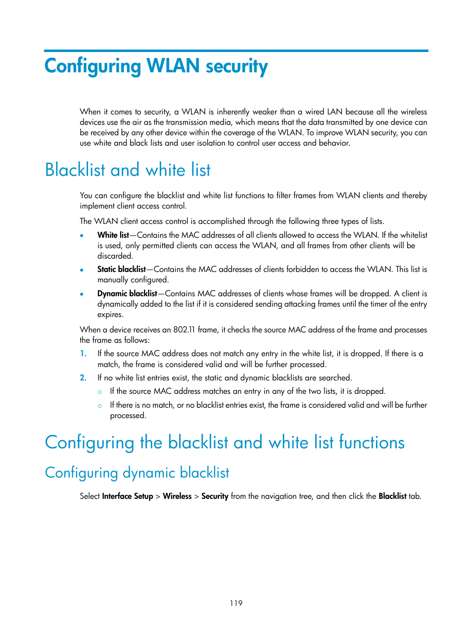 Configuring wlan security, Blacklist and white list, Configuring the blacklist and white list functions | Configuring dynamic blacklist | H3C Technologies H3C MSR 50 User Manual | Page 140 / 877