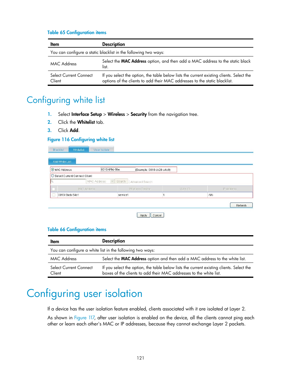 Configuring white list, Configuring user isolation | H3C Technologies H3C MSR 50 User Manual | Page 142 / 877