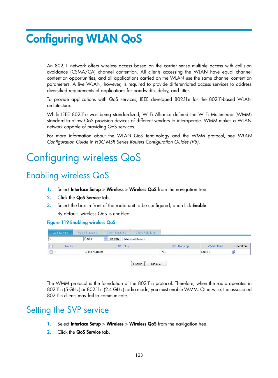 Configuring wlan qos, Configuring wireless qos, Enabling wireless qos | Setting the svp service | H3C Technologies H3C MSR 50 User Manual | Page 144 / 877