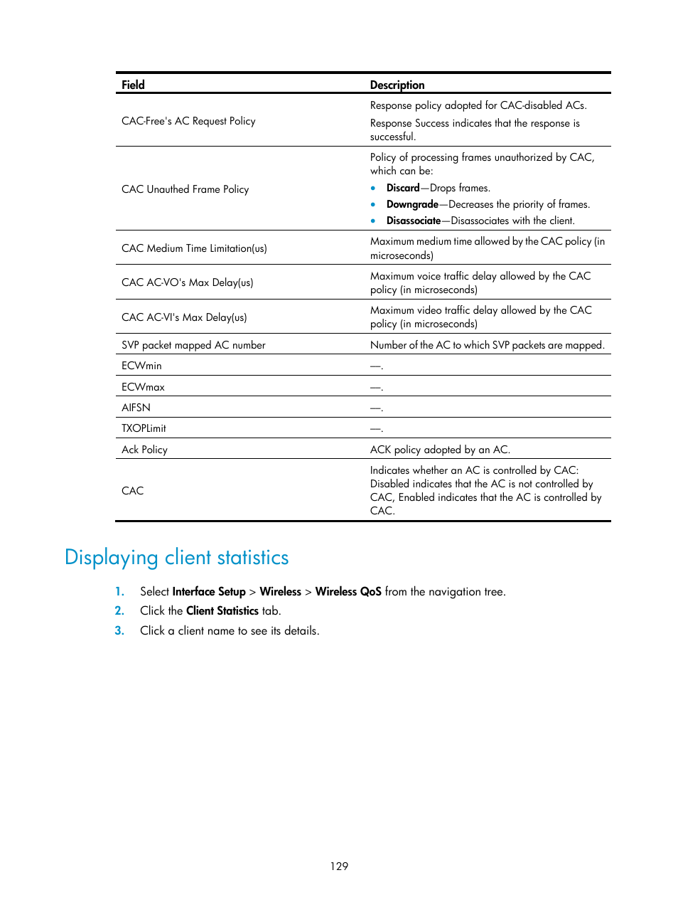 Displaying client statistics | H3C Technologies H3C MSR 50 User Manual | Page 150 / 877