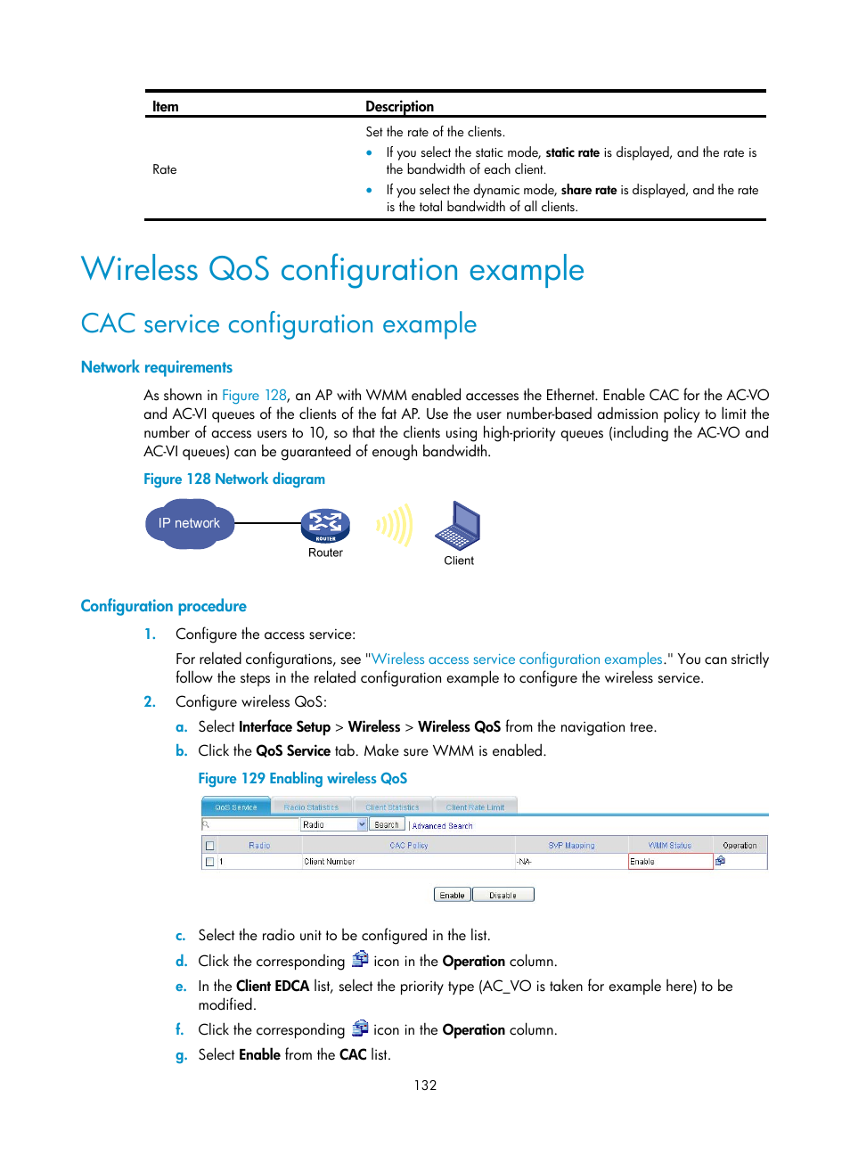 Wireless qos configuration example, Cac service configuration example, Network requirements | Configuration procedure | H3C Technologies H3C MSR 50 User Manual | Page 153 / 877