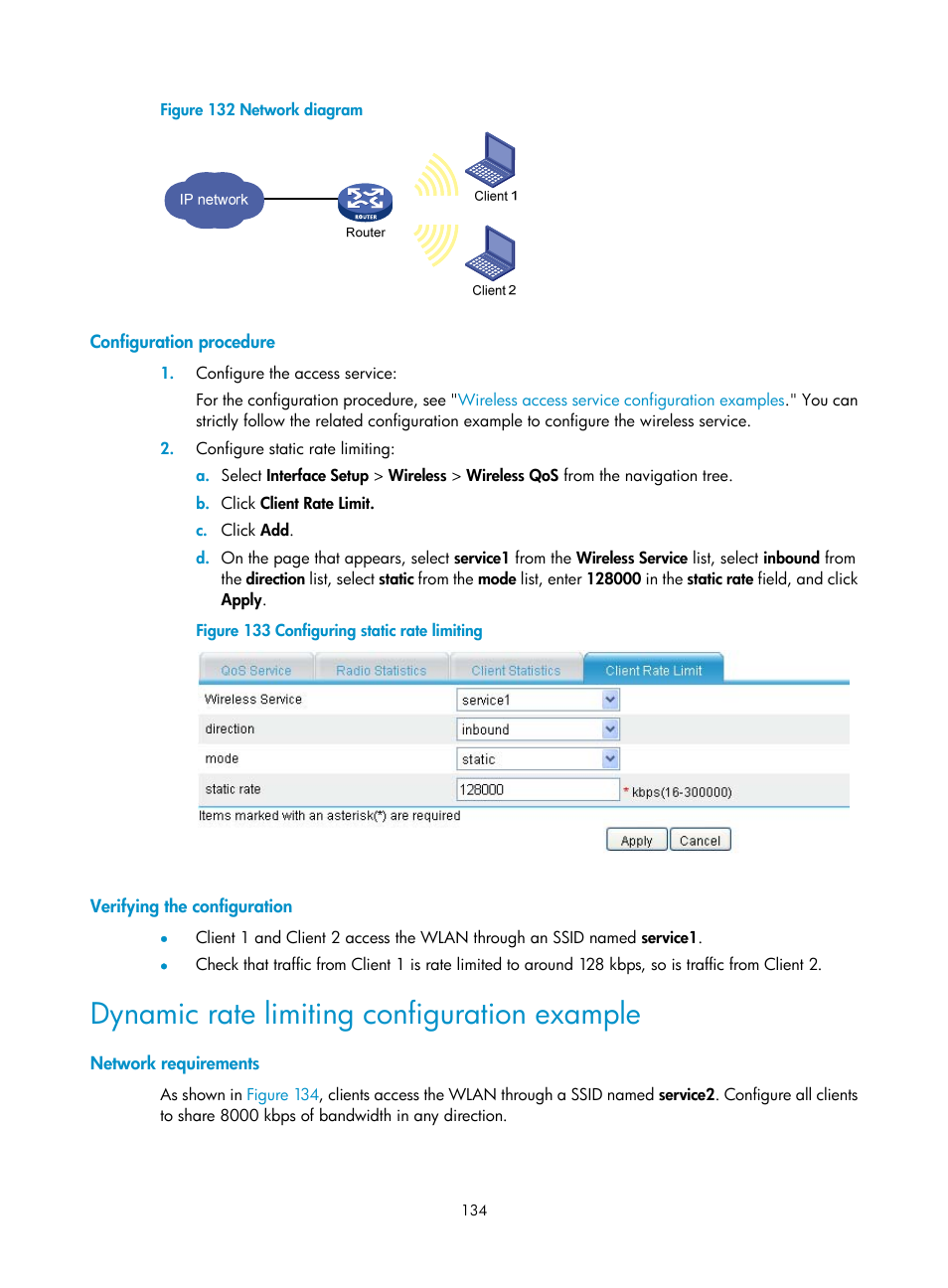 Configuration procedure, Verifying the configuration, Dynamic rate limiting configuration example | Network requirements | H3C Technologies H3C MSR 50 User Manual | Page 155 / 877