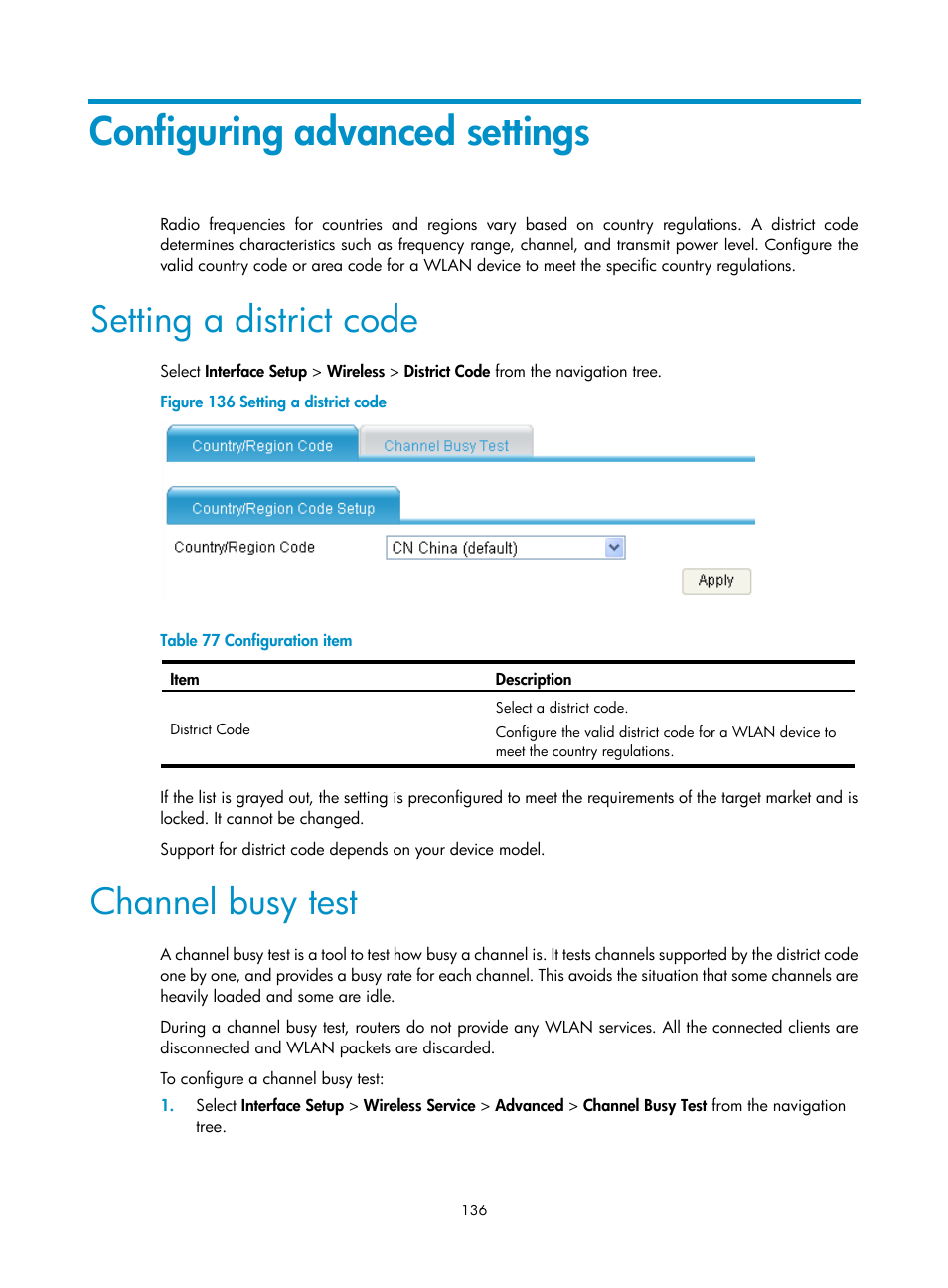 Configuring advanced settings, Setting a district code, Channel busy test | H3C Technologies H3C MSR 50 User Manual | Page 157 / 877