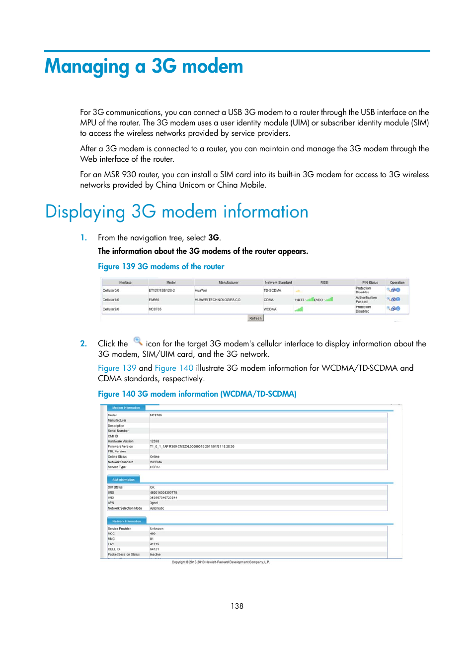 Managing a 3g modem, Displaying 3g modem information | H3C Technologies H3C MSR 50 User Manual | Page 159 / 877