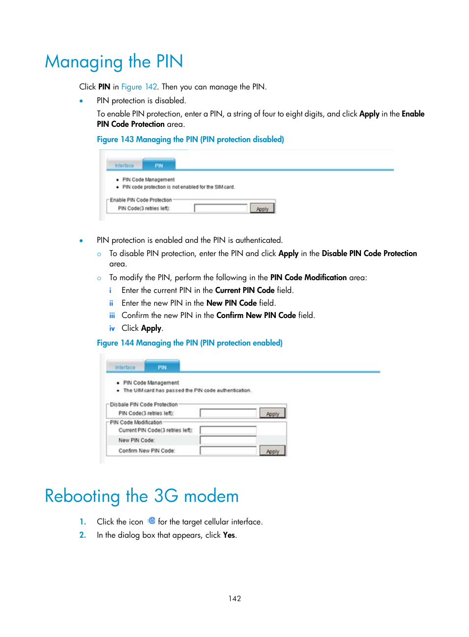 Managing the pin, Rebooting the 3g modem | H3C Technologies H3C MSR 50 User Manual | Page 163 / 877