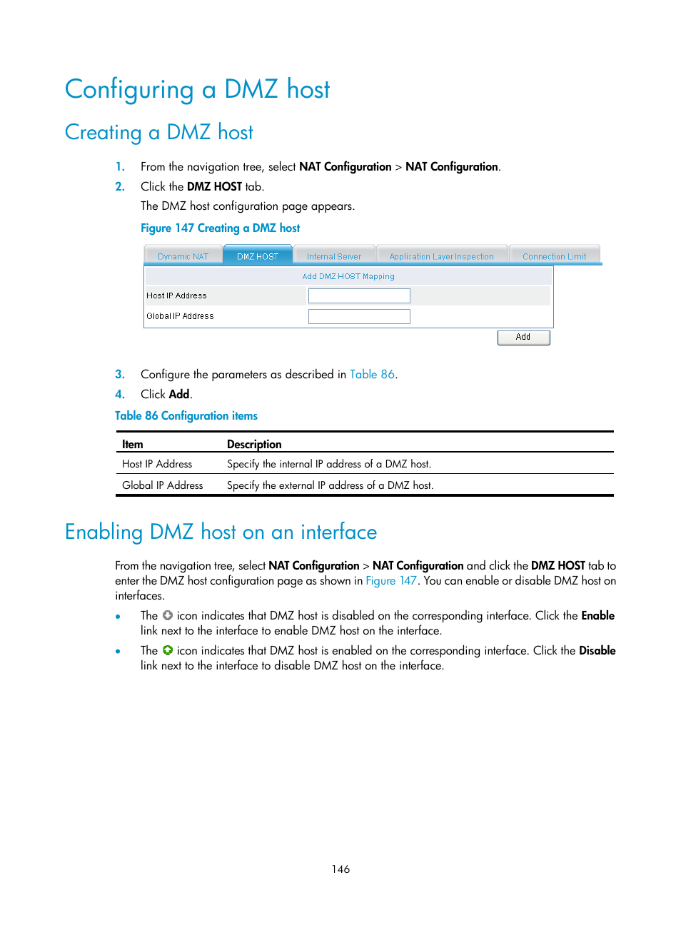 Configuring a dmz host, Creating a dmz host, Enabling dmz host on an interface | H3C Technologies H3C MSR 50 User Manual | Page 167 / 877