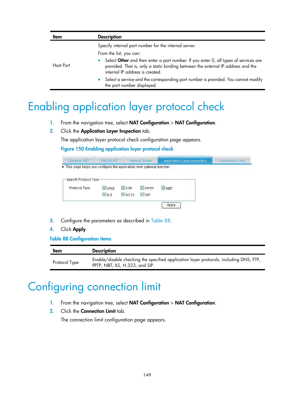 Enabling application layer protocol check, Configuring connection limit | H3C Technologies H3C MSR 50 User Manual | Page 170 / 877