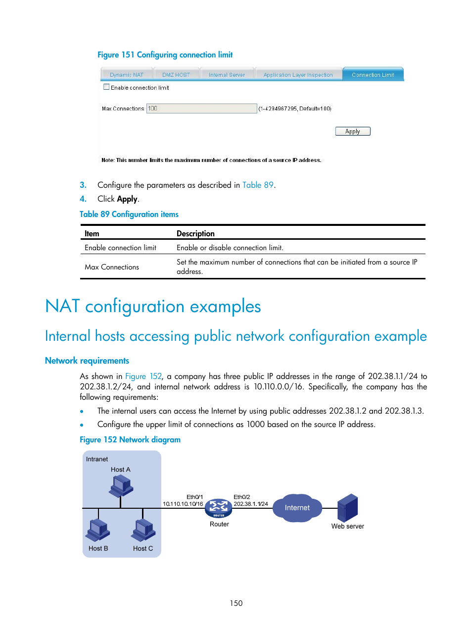 Nat configuration examples, Network requirements | H3C Technologies H3C MSR 50 User Manual | Page 171 / 877