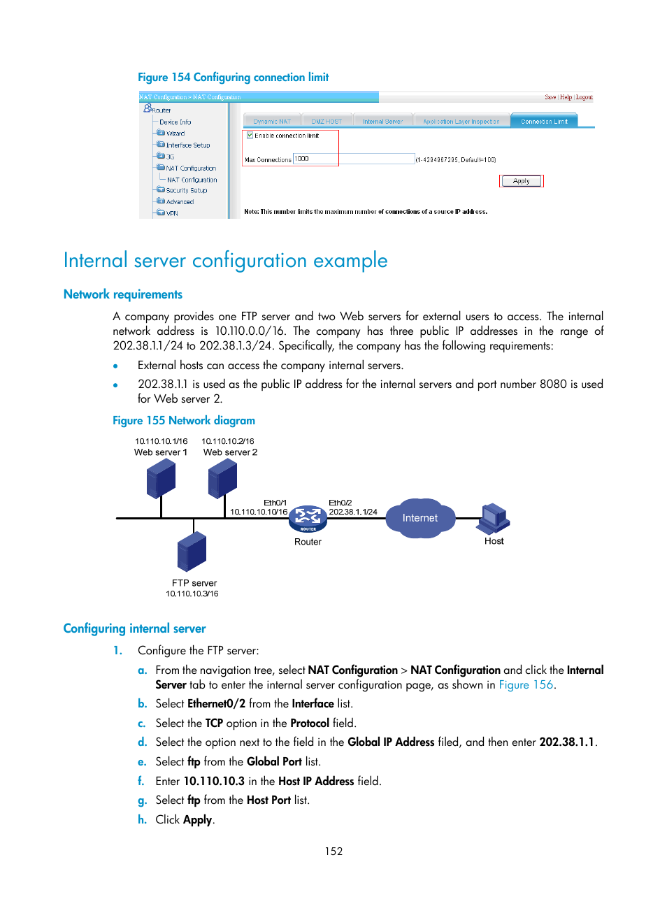 Internal server configuration example, Network requirements, Configuring internal server | Figure 154 | H3C Technologies H3C MSR 50 User Manual | Page 173 / 877