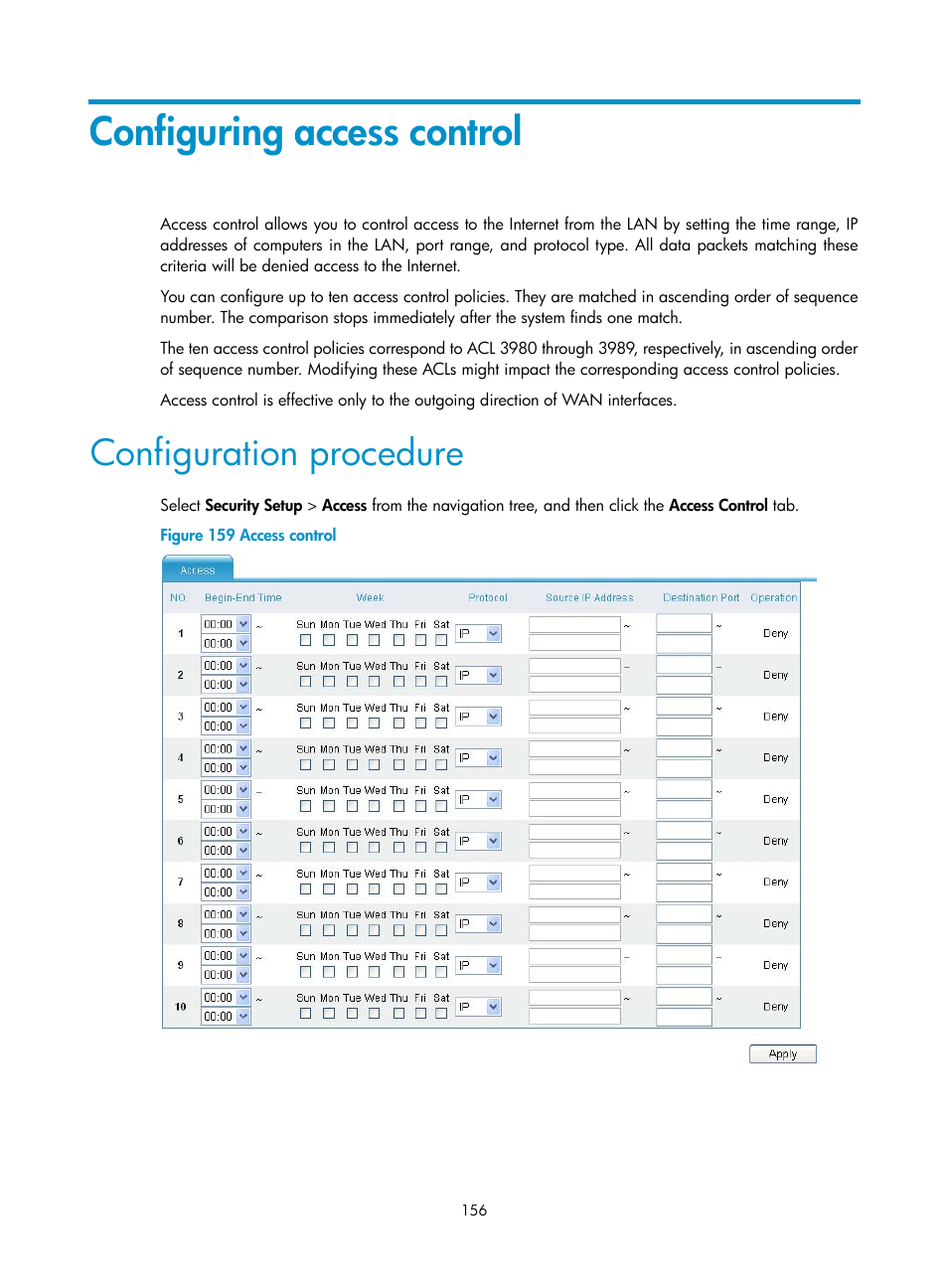 Configuring access control, Configuration procedure | H3C Technologies H3C MSR 50 User Manual | Page 177 / 877