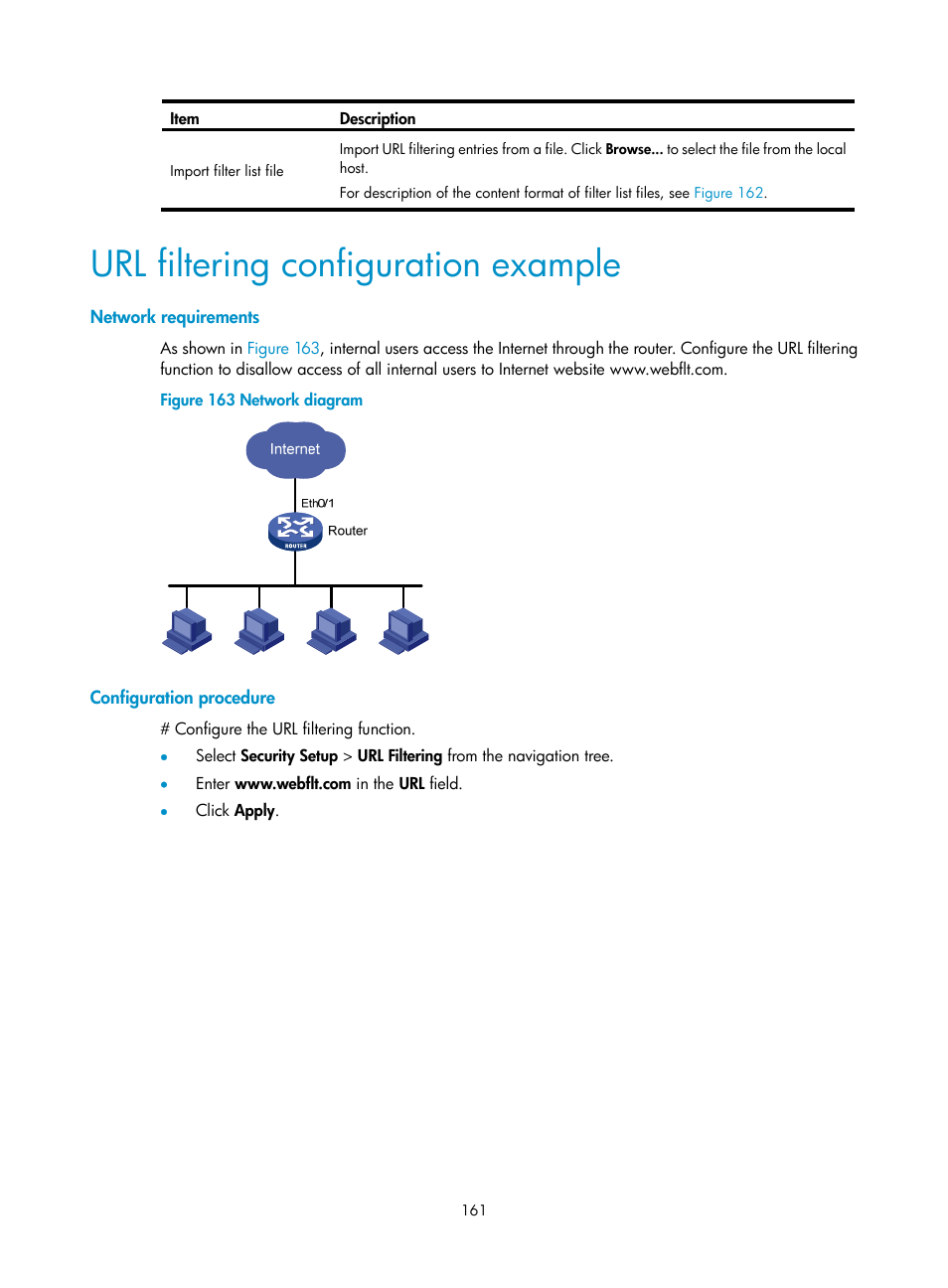 Url filtering configuration example, Network requirements, Configuration procedure | H3C Technologies H3C MSR 50 User Manual | Page 182 / 877